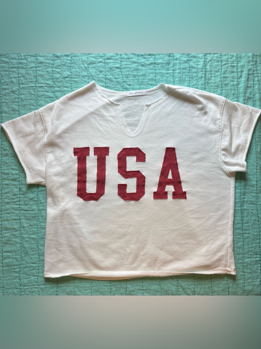 CES Femme USA Short Sleeve Sweatshirt White Varsity Graphic Raw Hem Women's M